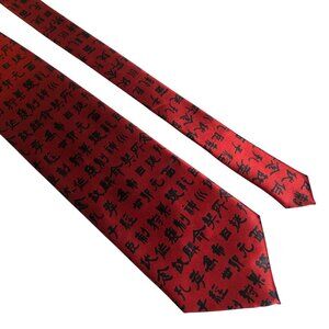 Asian-Inspired Symbols Silk Tie Red Black Mens Necktie Office Work Formal Gift